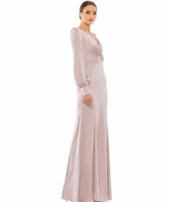 Ieena For Mac Duggal Satin Ruched Bishop Sleeve Gown Shop For