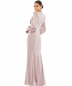Ieena For Mac Duggal Satin Ruched Bishop Sleeve Gown Shop For