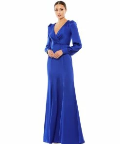 Ieena For Mac Duggal Satin Ruched Bishop Sleeve Gown Shop For