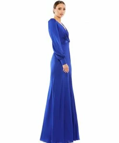 Ieena For Mac Duggal Satin Ruched Bishop Sleeve Gown Shop For