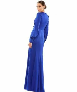 Ieena For Mac Duggal Satin Ruched Bishop Sleeve Gown Shop For