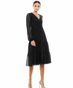 Ieena For Mac Duggal Ruched V-Neck Tiered Midi Dress