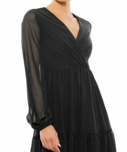 Ieena For Mac Duggal Ruched V-Neck Tiered Midi Dress