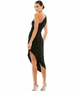 Ieena For Mac Duggal Shop For Pearl Encrusted One Shoulder Asymmetrical Hem Mid