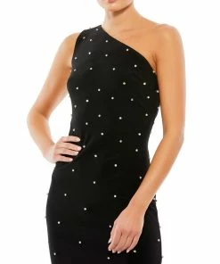 Ieena For Mac Duggal Shop For Pearl Encrusted One Shoulder Asymmetrical Hem Mid