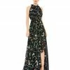 Ieena For Mac Duggal Floral Print Asymmetrical Ruffle Slit Halter Gown