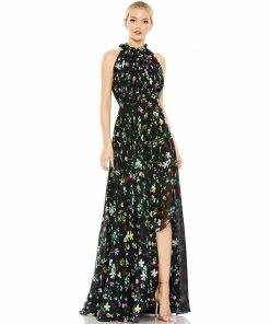 Ieena For Mac Duggal Floral Print Asymmetrical Ruffle Slit Halter Gown