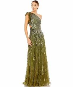 Mac Duggal Sequined One Shoulder Flutter Sleeve A Line Gown