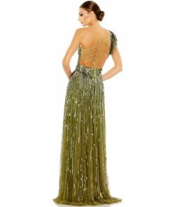 Mac Duggal Sequined One Shoulder Flutter Sleeve A Line Gown