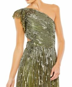 Mac Duggal Sequined One Shoulder Flutter Sleeve A Line Gown