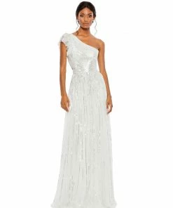 Mac Duggal Sequined One Shoulder Flutter Sleeve A Line Gown
