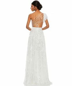 Mac Duggal Sequined One Shoulder Flutter Sleeve A Line Gown