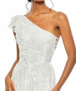 Mac Duggal Sequined One Shoulder Flutter Sleeve A Line Gown