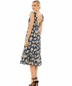 Ieena For Mac Duggal Shop For Flowy Floral Print V Neck Cap Sleeve Midi Dress