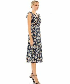 Ieena For Mac Duggal Shop For Flowy Floral Print V Neck Cap Sleeve Midi Dress