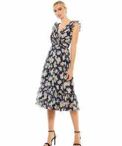 Ieena For Mac Duggal Shop For Flowy Floral Print V Neck Cap Sleeve Midi Dress