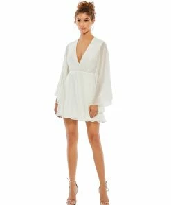 Ieena For Mac Duggal Solid Flowy V Neck Illusion Sleeve Mini Dress Shop For