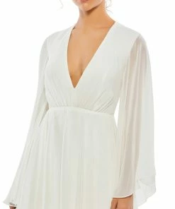 Ieena For Mac Duggal Solid Flowy V Neck Illusion Sleeve Mini Dress Shop For