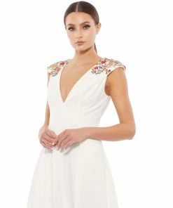Ieena For Mac Duggal Plunging Floral Accented Cap Sleeve Cocktail Dress