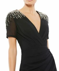 Ieena For Mac Duggal Sequined Embellished Shoulder Evening Gown