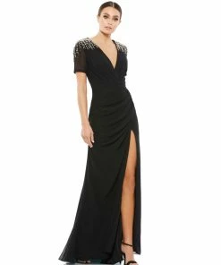 Ieena For Mac Duggal Sequined Embellished Shoulder Evening Gown