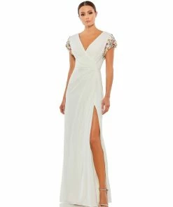 Mac Duggal Shop For Embellished Sleeve Jersey Wrap Gown