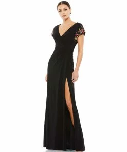 Mac Duggal Shop For Embellished Sleeve Jersey Wrap Gown