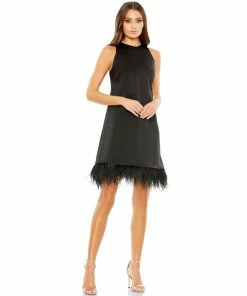 Ieena For Mac Duggal Feathered Hem High Neck Sleeveless A Line Dress Shop For
