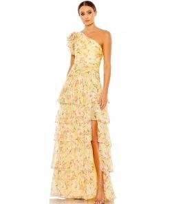 Ieena For Mac Duggal Floral Print Ruffle Tiered One Shoulder Gown Shop For