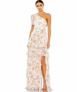 Ieena For Mac Duggal Floral Print Ruffle Tiered One Shoulder Gown Shop For