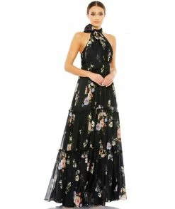 Ieena For Mac Duggal Floral Print Ruched Tiered High Neck Bow Gown Shop For
