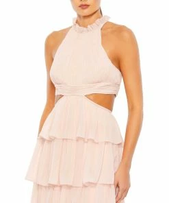 Ieena For Mac Duggal Tiered Ruffle Pleated High Neck Ball Gown