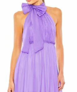 Ieena For Mac Duggal Ruched Tiered High Neck Bow A Line Gown