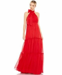 Ieena For Mac Duggal Ruched Tiered High Neck Bow A Line Gown