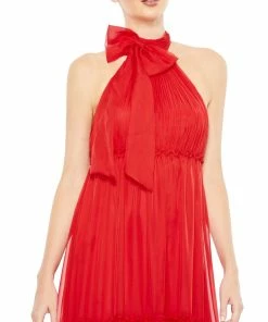 Ieena For Mac Duggal Ruched Tiered High Neck Bow A Line Gown