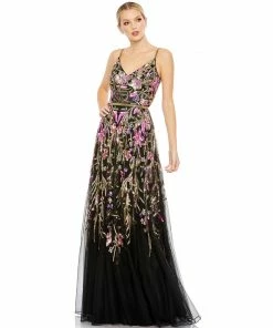 Mac Duggal V Neck Floral Embellished Spaghetti Strap Gown