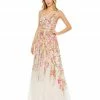 Mac Duggal V Neck Floral Embellished Spaghetti Strap Gown