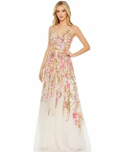 Mac Duggal V Neck Floral Embellished Spaghetti Strap Gown