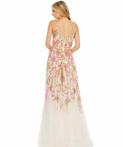 Mac Duggal V Neck Floral Embellished Spaghetti Strap Gown