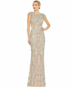Mac Duggal Embellished Cut Out Lace Up Cap Sleeve Gown