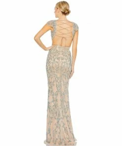 Mac Duggal Embellished Cut Out Lace Up Cap Sleeve Gown
