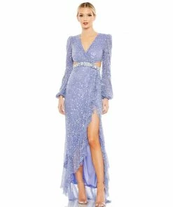 Mac Duggal Sequined Faux Wrap Cut Out Puff Sleeve Gown Shop For