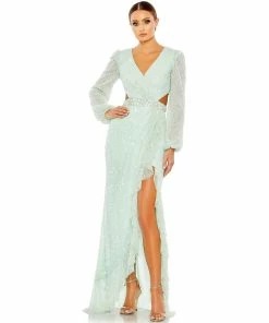 Mac Duggal Sequined Faux Wrap Cut Out Puff Sleeve Gown Shop For 15 Mac Duggal Sequined Faux Wrap Cut Out Puff Sleeve Gown Shop For