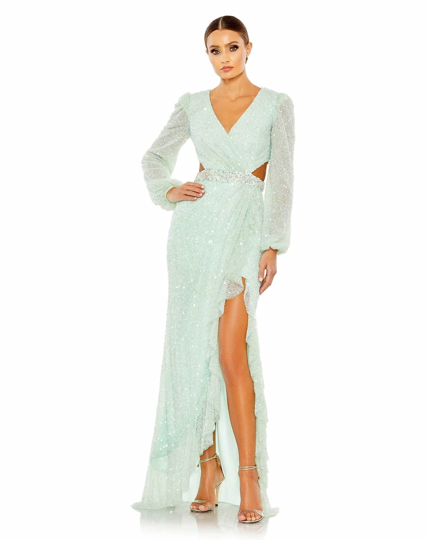 Mac Duggal Sequined Faux Wrap Cut Out Puff Sleeve Gown Shop For 7 Mac Duggal Sequined Faux Wrap Cut Out Puff Sleeve Gown Shop For