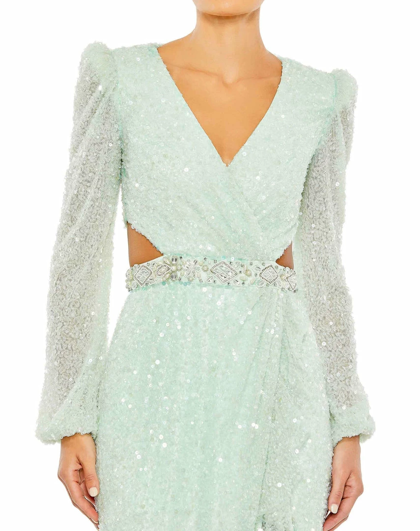 Mac Duggal Sequined Faux Wrap Cut Out Puff Sleeve Gown Shop For 9 Mac Duggal Sequined Faux Wrap Cut Out Puff Sleeve Gown Shop For