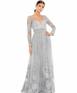 Mac Duggal Long Sleeve Floral Illusion Beaded Gown | Final Sale Shop For