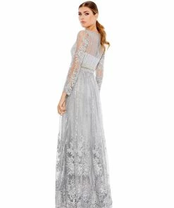 Mac Duggal Long Sleeve Floral Illusion Beaded Gown | Final Sale Shop For