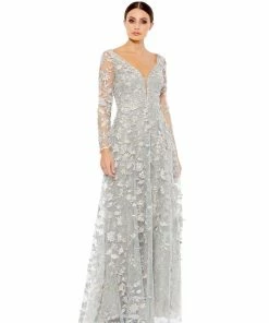 Mac Duggal Shop For Floral Applique Long Sleeve Illusion Gown