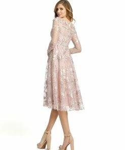 Mac Duggal Long Sleeve Floral Embroidered Tea Length Dress