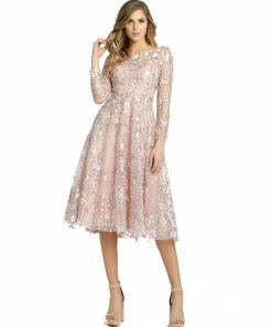 Mac Duggal Long Sleeve Floral Embroidered Tea Length Dress